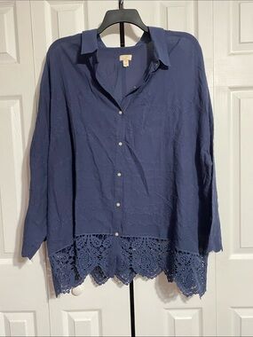 LOGO Lavish navy blue  cotton lace button down top blouse tunic shirt size 3X